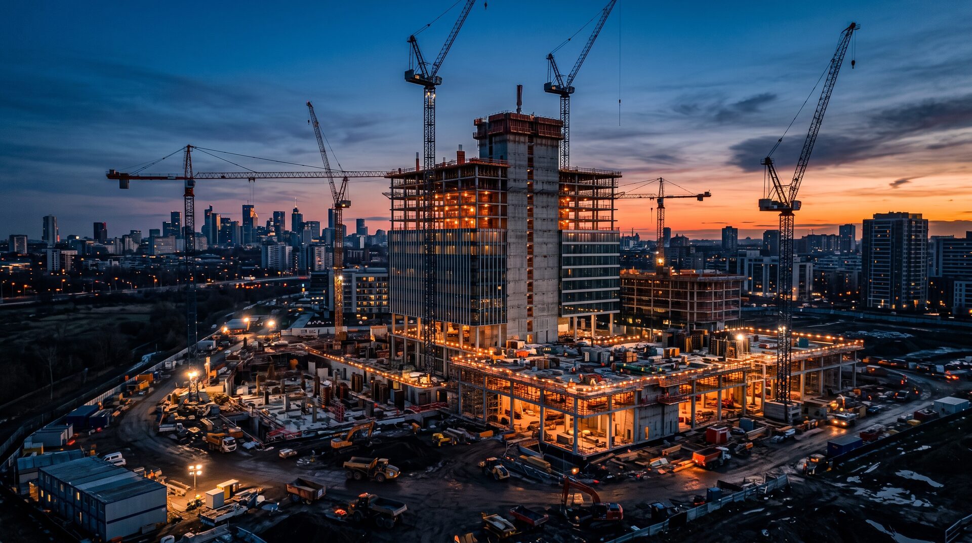 Symbolbild: Baustelle mit Kränen bei Sonnenuntergang (KI-generierte Illustration)
